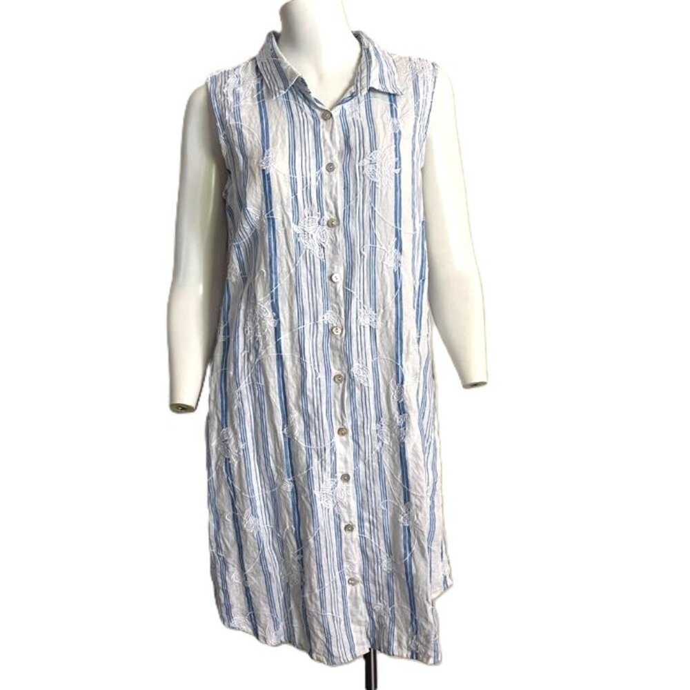 Kyla Seo Dress Medium 100% Linen Embroidered Blue White Striped Floral Coastal